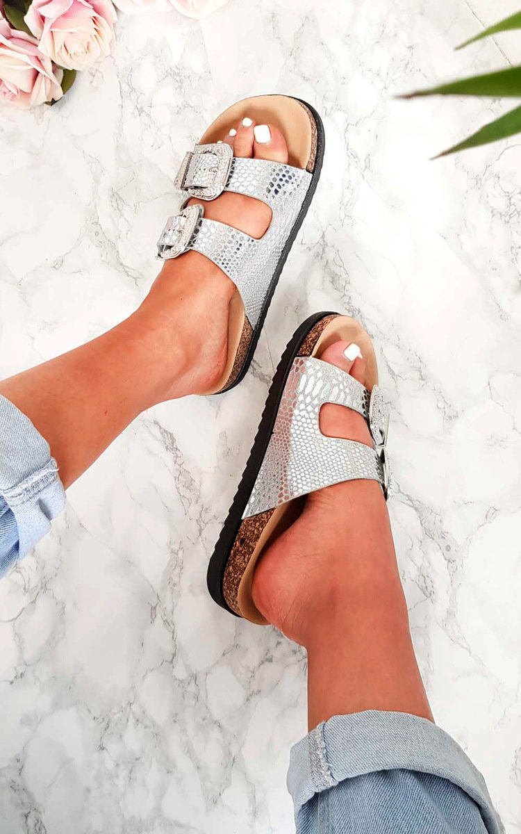 Flora Double Buckle Metallic Sliders Flora Double Buckle Metallic Sliders