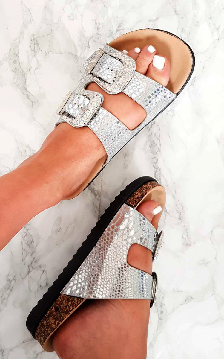 Flora Double Buckle Metallic Sliders Thumbnail