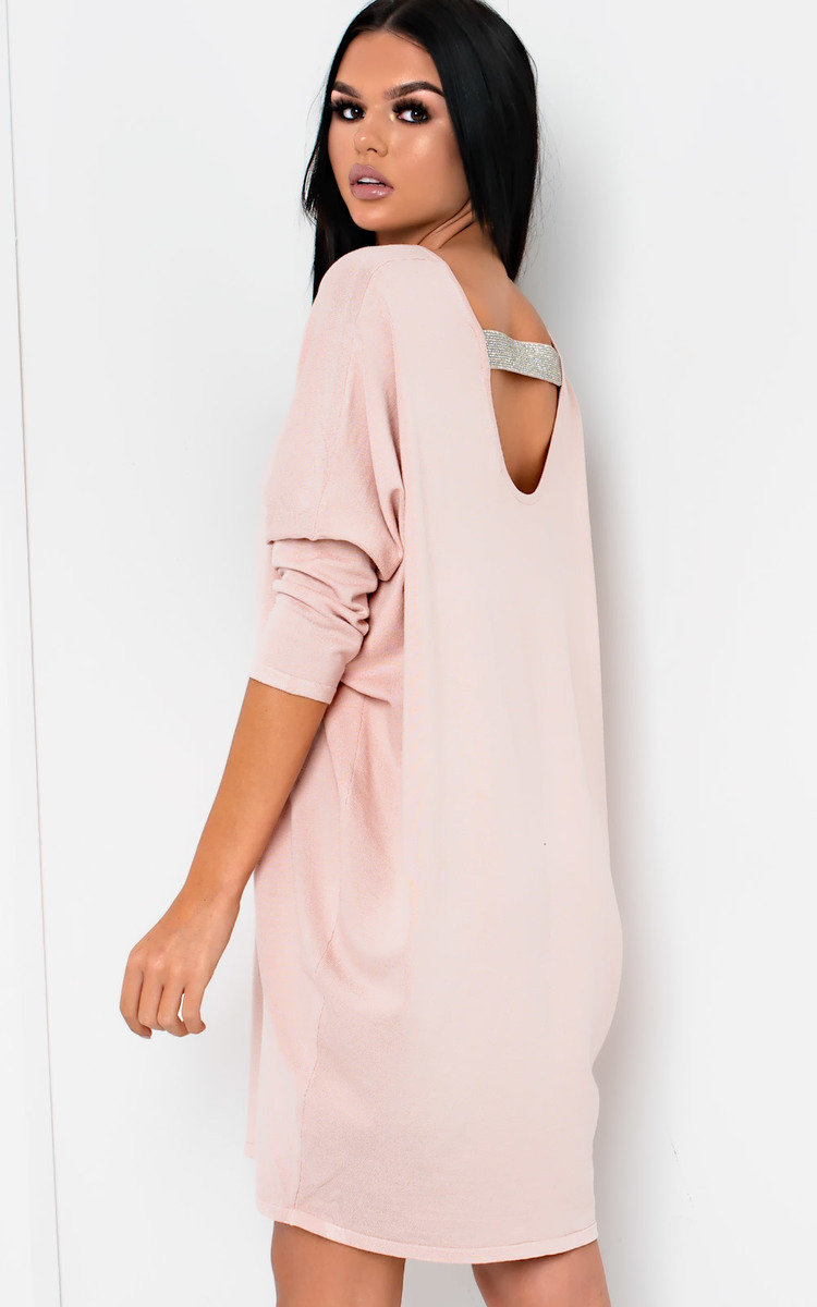 Frankie Diamante Back Long Sleeved Jumper Dress in Pink ikrush