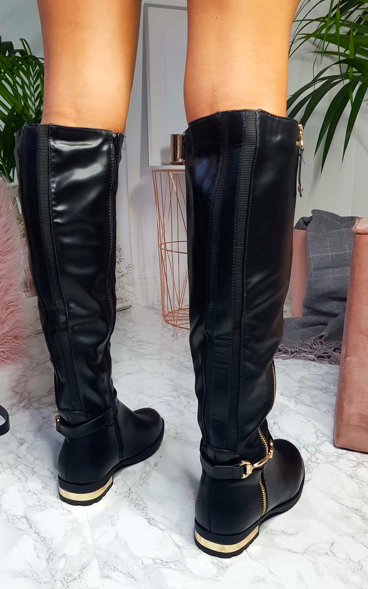 Georgie Faux Leather Gold Bar Knee High Boots