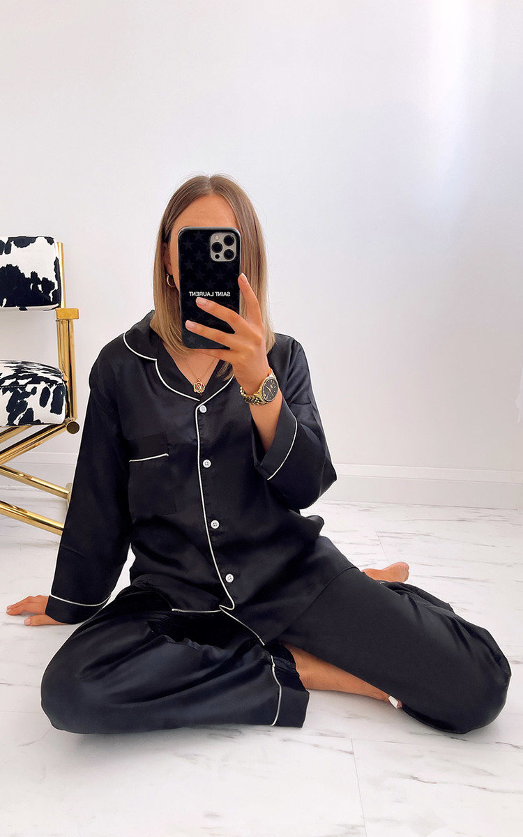 Georgina Satin Pyjama Co-ord with Contrast Stitching Thumbnail Georgina Satin Pyjama Co-ord with Contrast Stitching Thumbnail