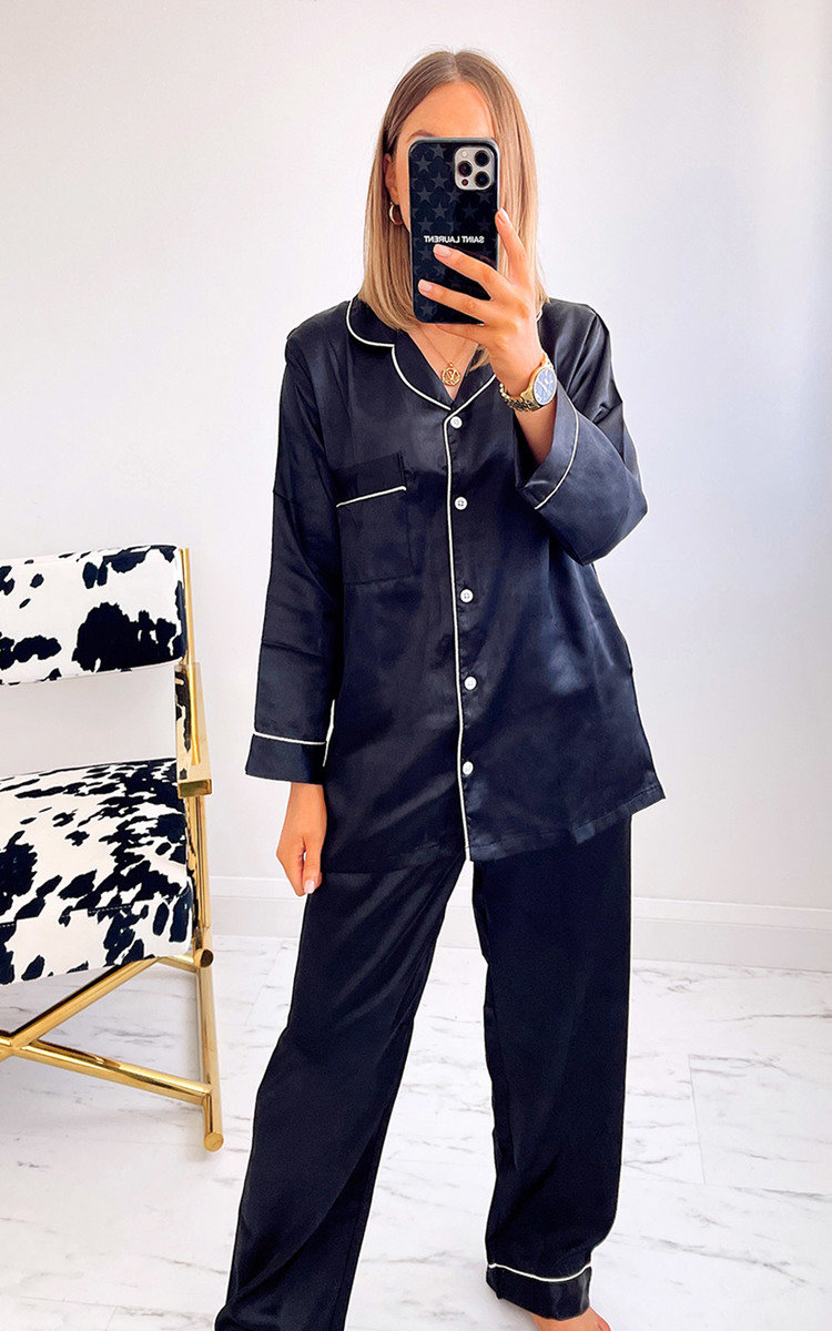 Georgina Satin Pyjama Co-ord with Contrast Stitching Georgina Satin Pyjama Co-ord with Contrast Stitching