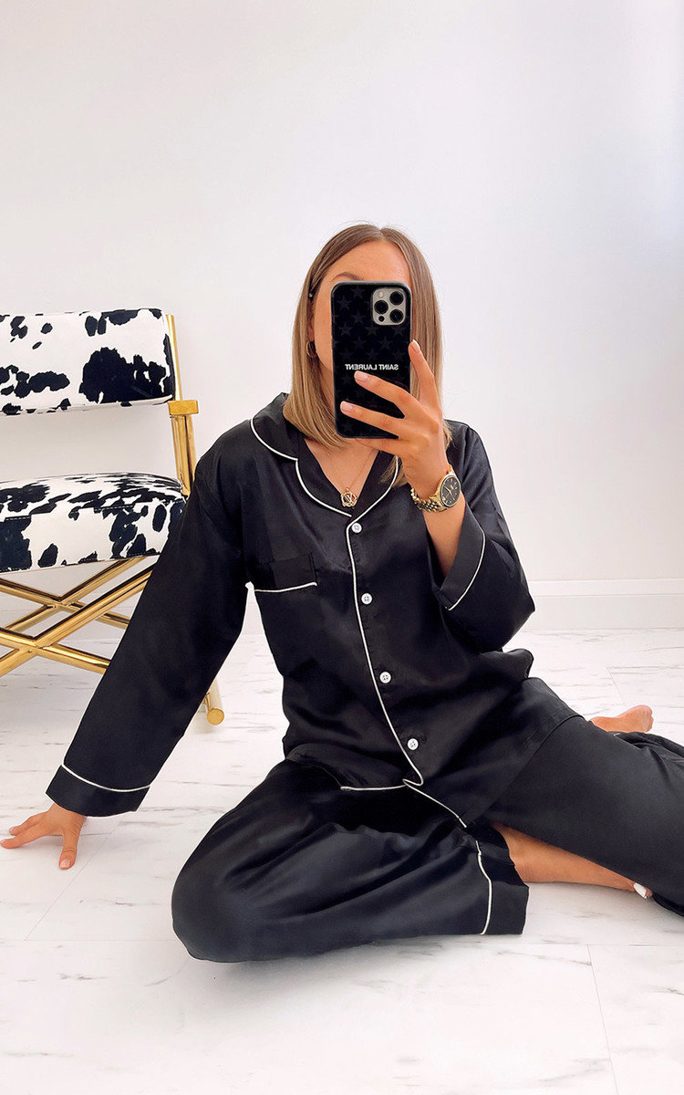 Georgina Satin Pyjama Co-ord with Contrast Stitching Thumbnail Georgina Satin Pyjama Co-ord with Contrast Stitching Thumbnail