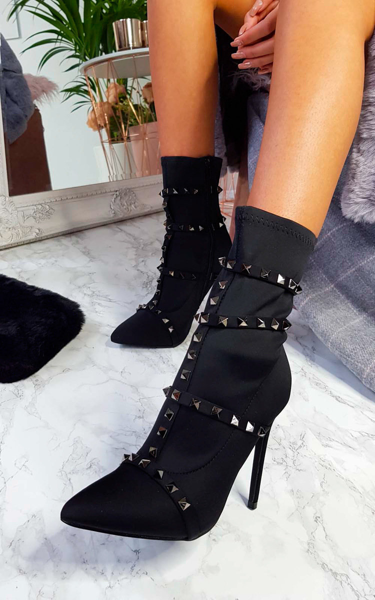 Gia Studded Lycra Heeled Boots in Black | ikrush