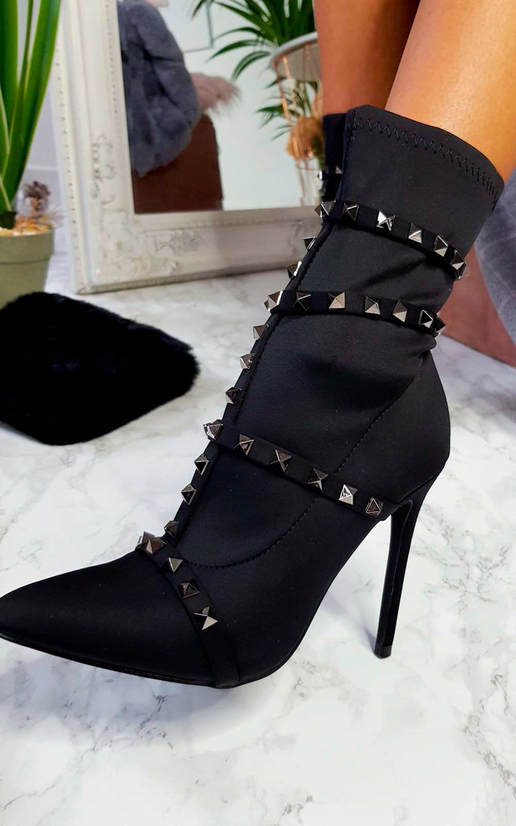 Gia Studded Lycra Heeled Boots in Black | ikrush