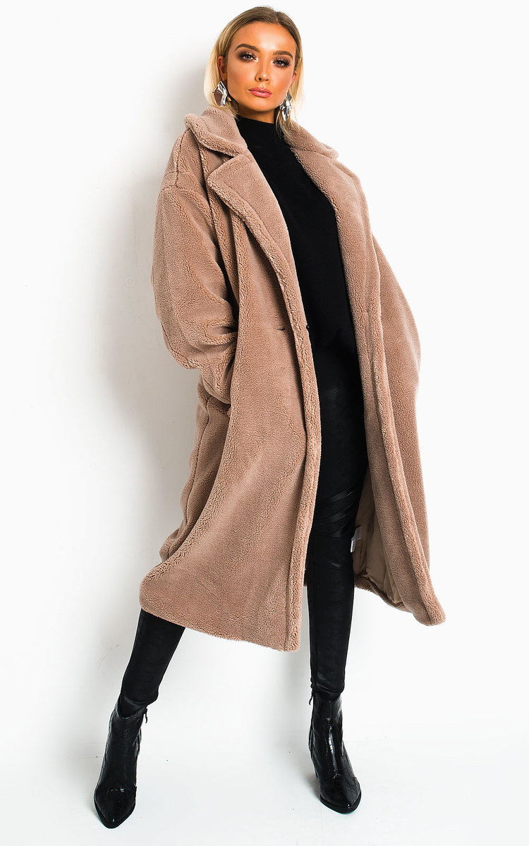 Giselle Teddy Bear Maxi Coat in Mocha | ikrush