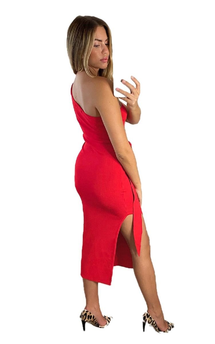 Goldie Knitted Belted One Shoulder Thigh Split Midi Dress Thumbnail