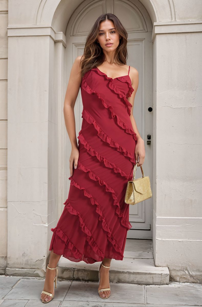 Cherry red Gracie V-neck Tiered Ruffle Backless Maxi Dress ikrush
