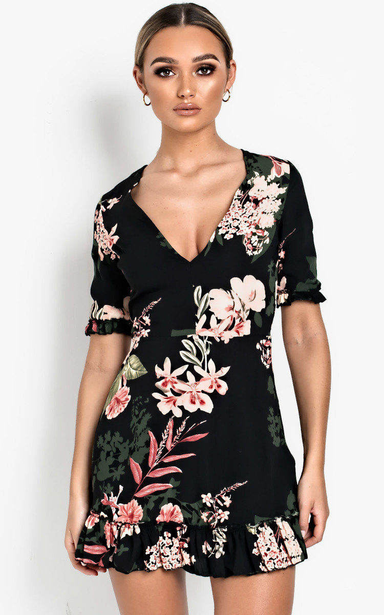 Haili Floral Frill Low Neck Dress in Black ikrush
