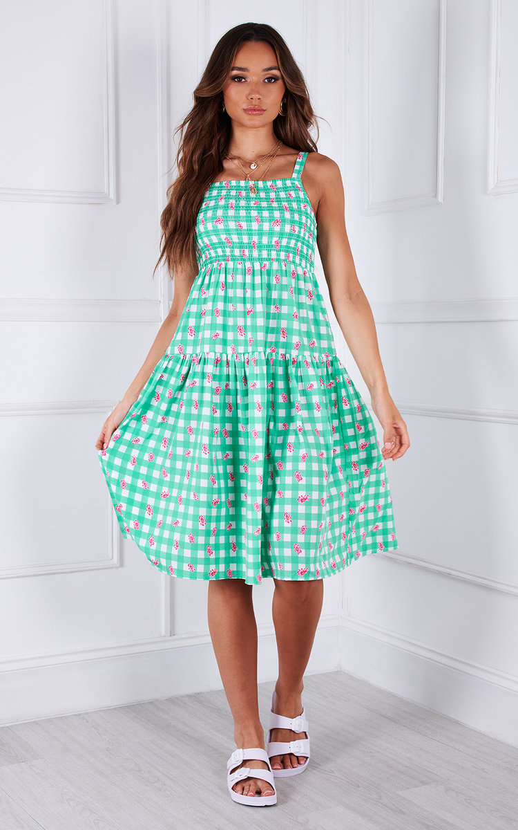 Harriet Checked Floral Tiered Midi Dress