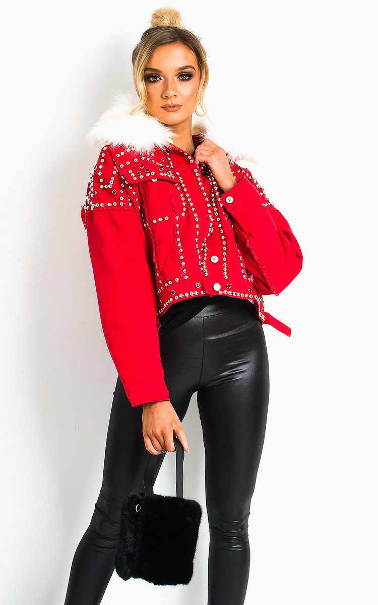 Harvey Faux Fur Studded Embellished Denim Jacket Thumbnail