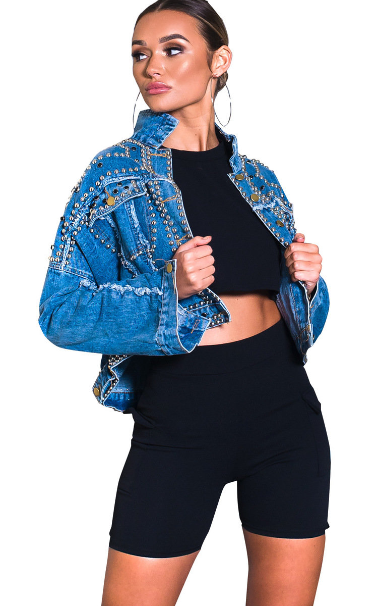 Henley Studded Embellished Denim Jacket Thumbnail