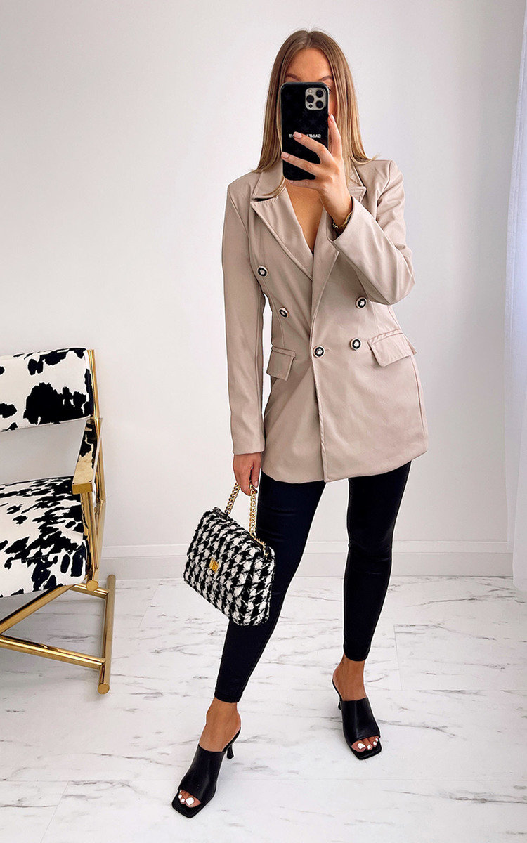 Imogen Faux Leather Blazer Jacket in Nude | ikrush