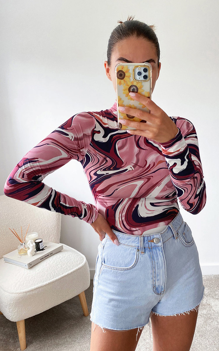 Jamilla High Neck Long Sleeve Printed Bodysuit