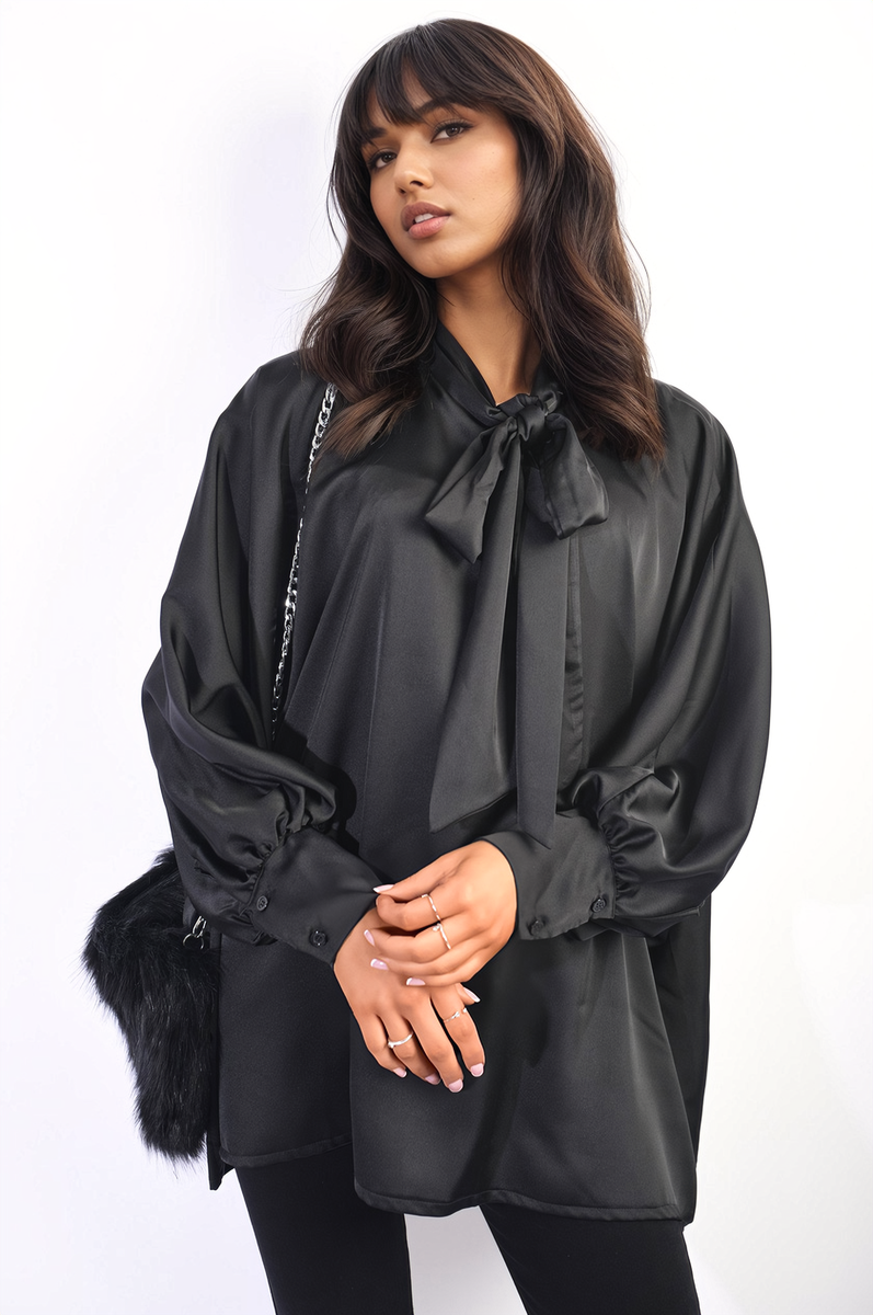 Black Jayda Oversized Silky Satin Long Sleeve Bow Tie Neck Top