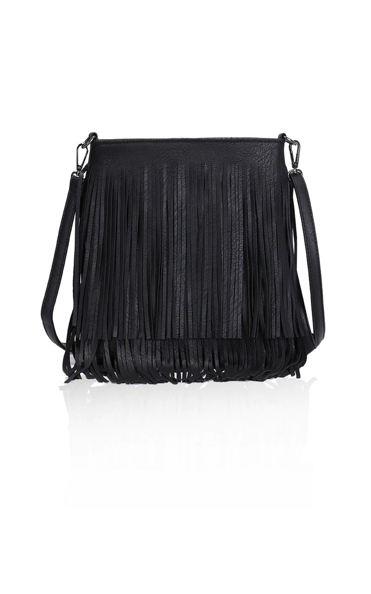 Jayne Faux Leather Fringe Bag in Black ikrush