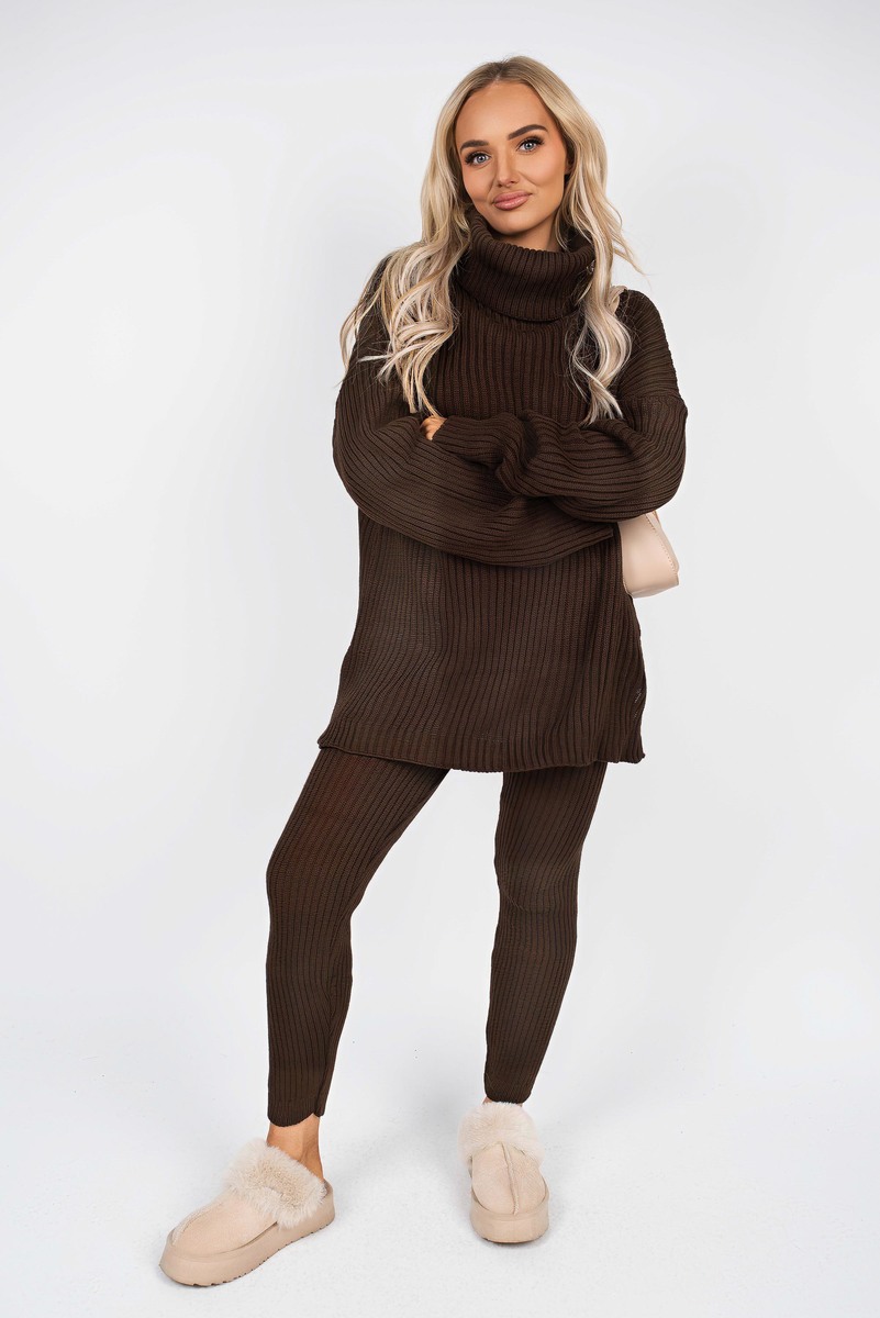 Brown Mila Chunky Knitted High Roll Neck Top Bottom Co-ord Set