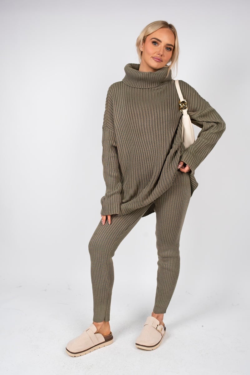 Khaki Mila Chunky Knitted High Roll Neck Top Bottom Co-ord Set