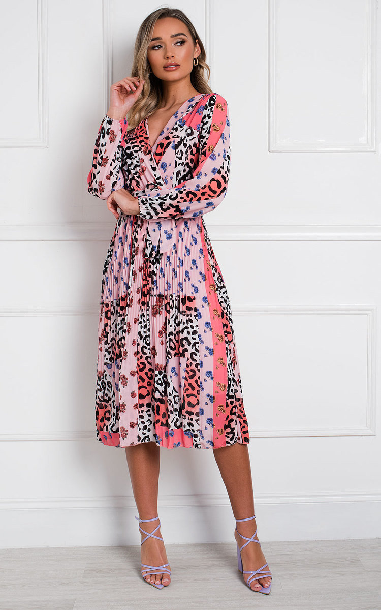 Jemma Pleated Multi Print Midi Dress Thumbnail