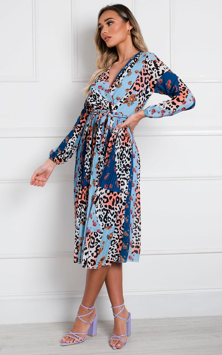 Jemma Pleated Multi Print Midi Dress Thumbnail