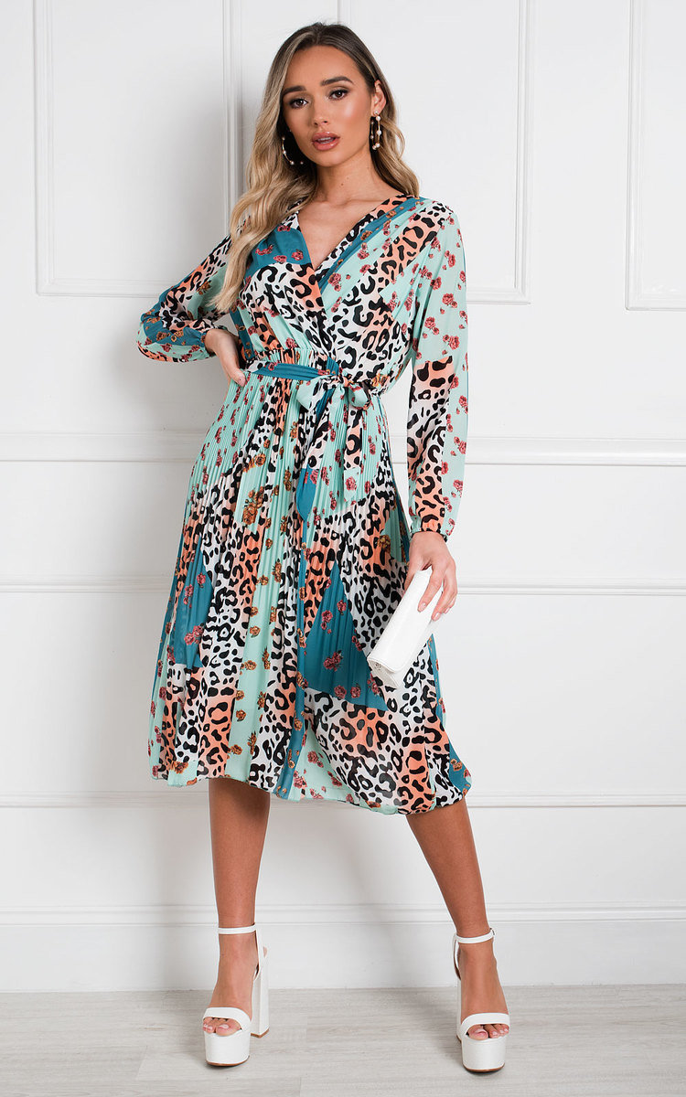 Jemma Pleated Multi Print Midi Dress Thumbnail