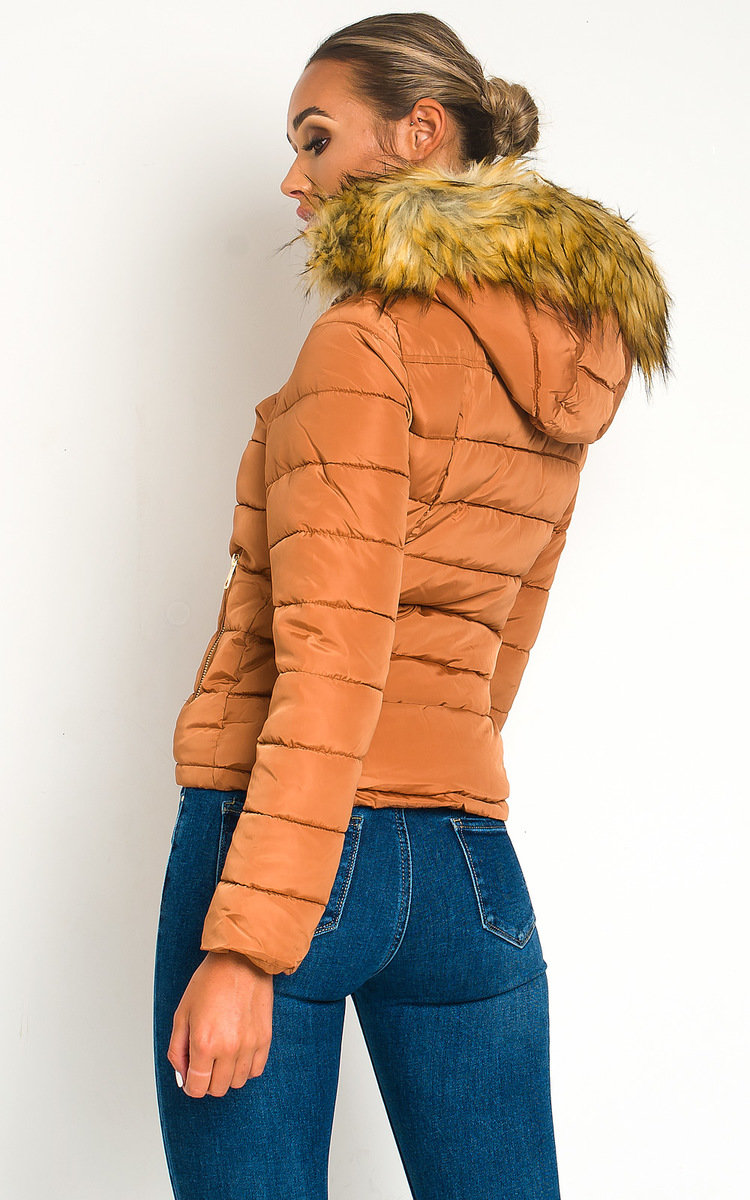 Jennifer Padded Faux Fur Hood Puffer Jacket in Stone | ikrush