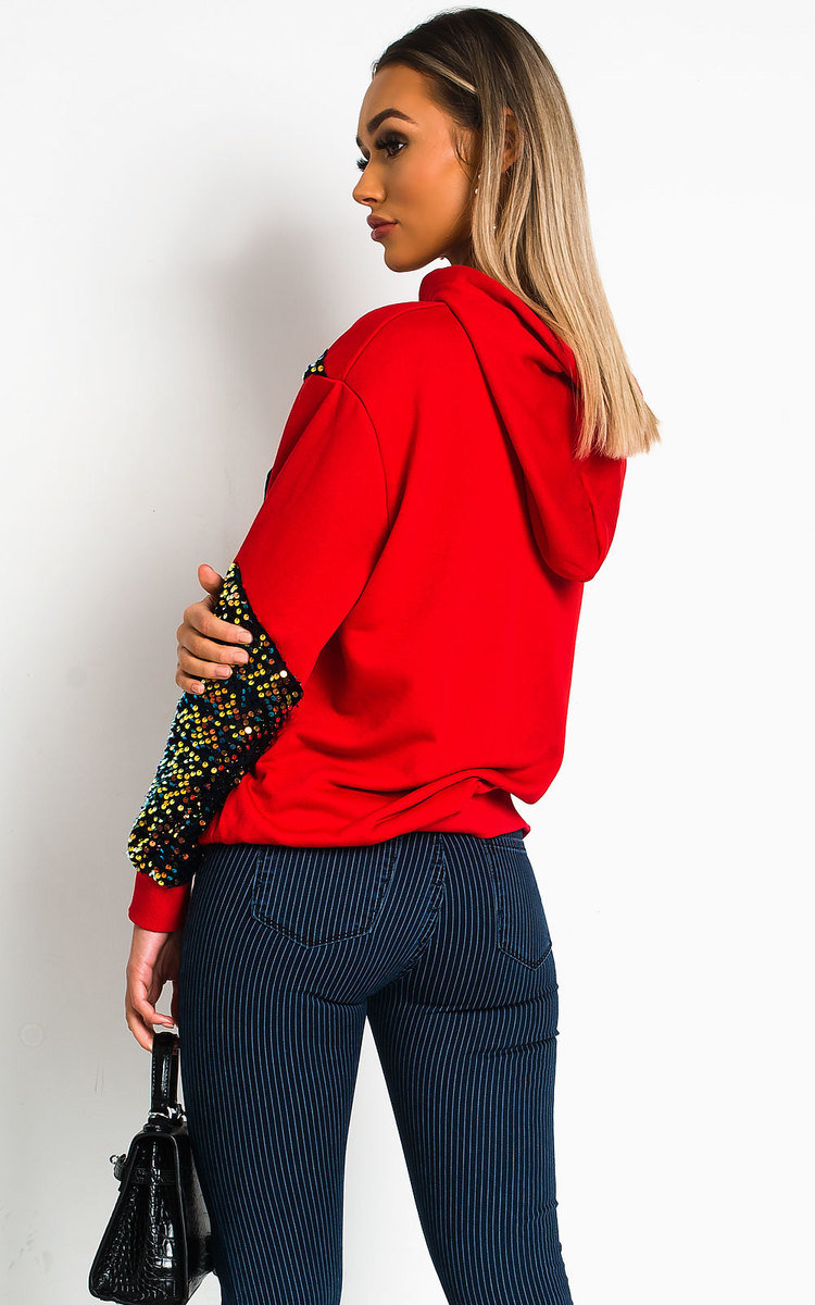 Jessi Sequin Embellished Oversized Hooded Jumper in Red ikrush