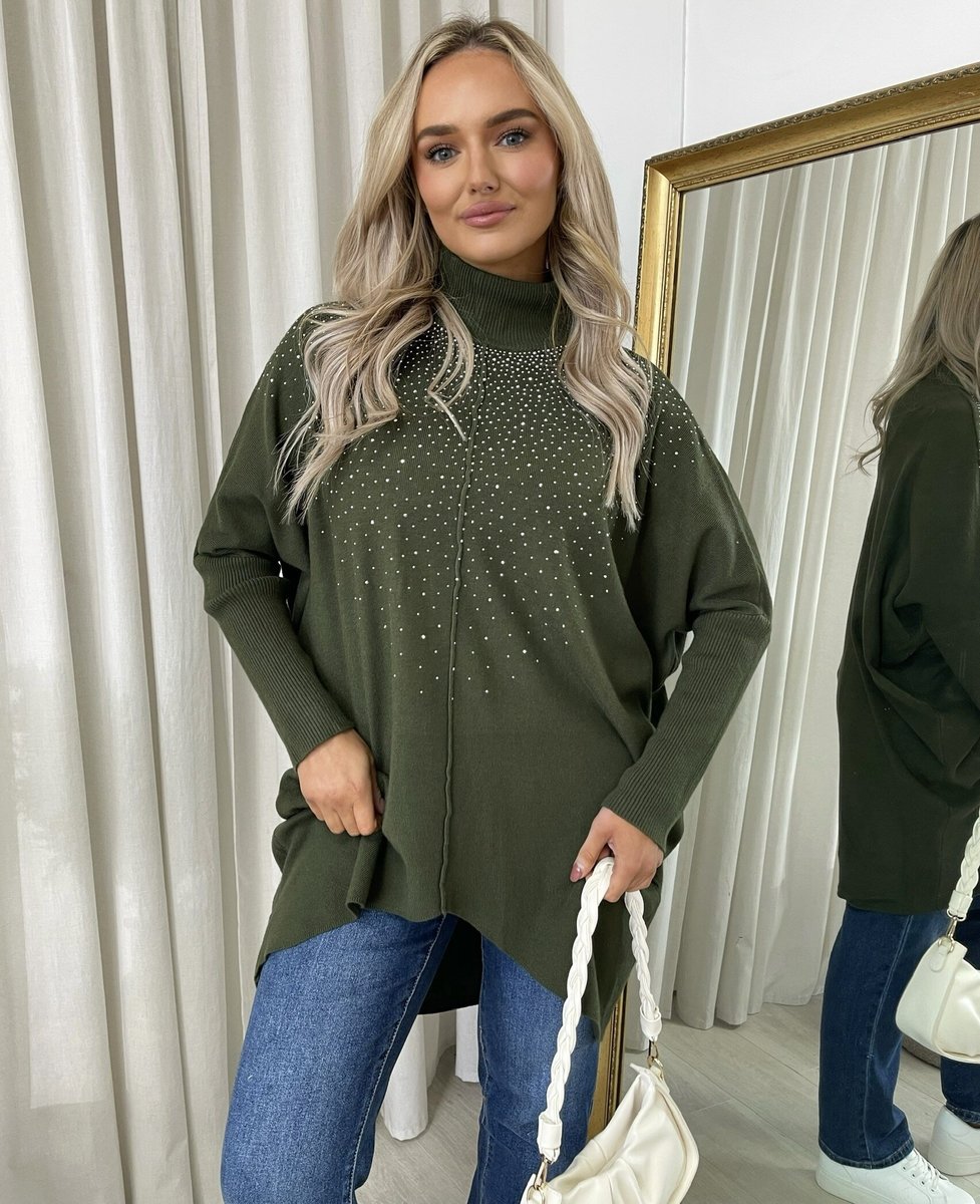 Jessica Chunky Oversized Jumper Khaki Jessica Rhinestone Detail