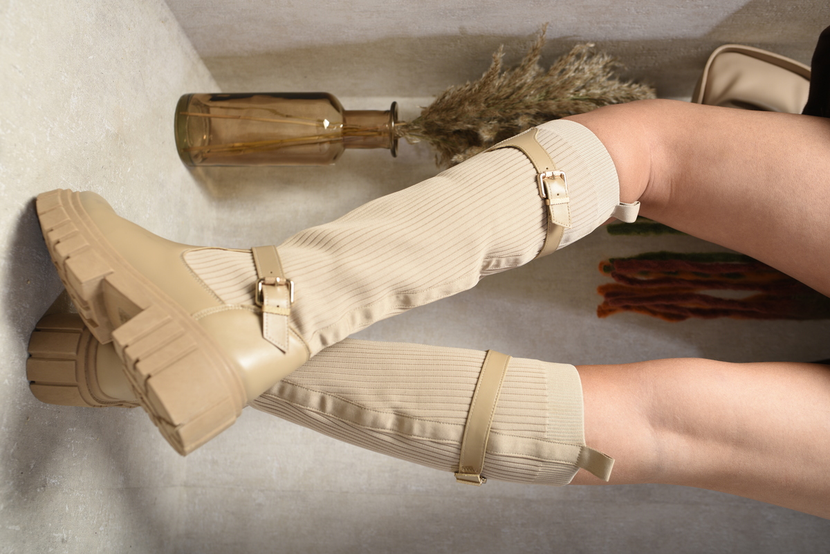 Ladies Boots Flat Beige Knee High Boots Handmade Cream Nubuck