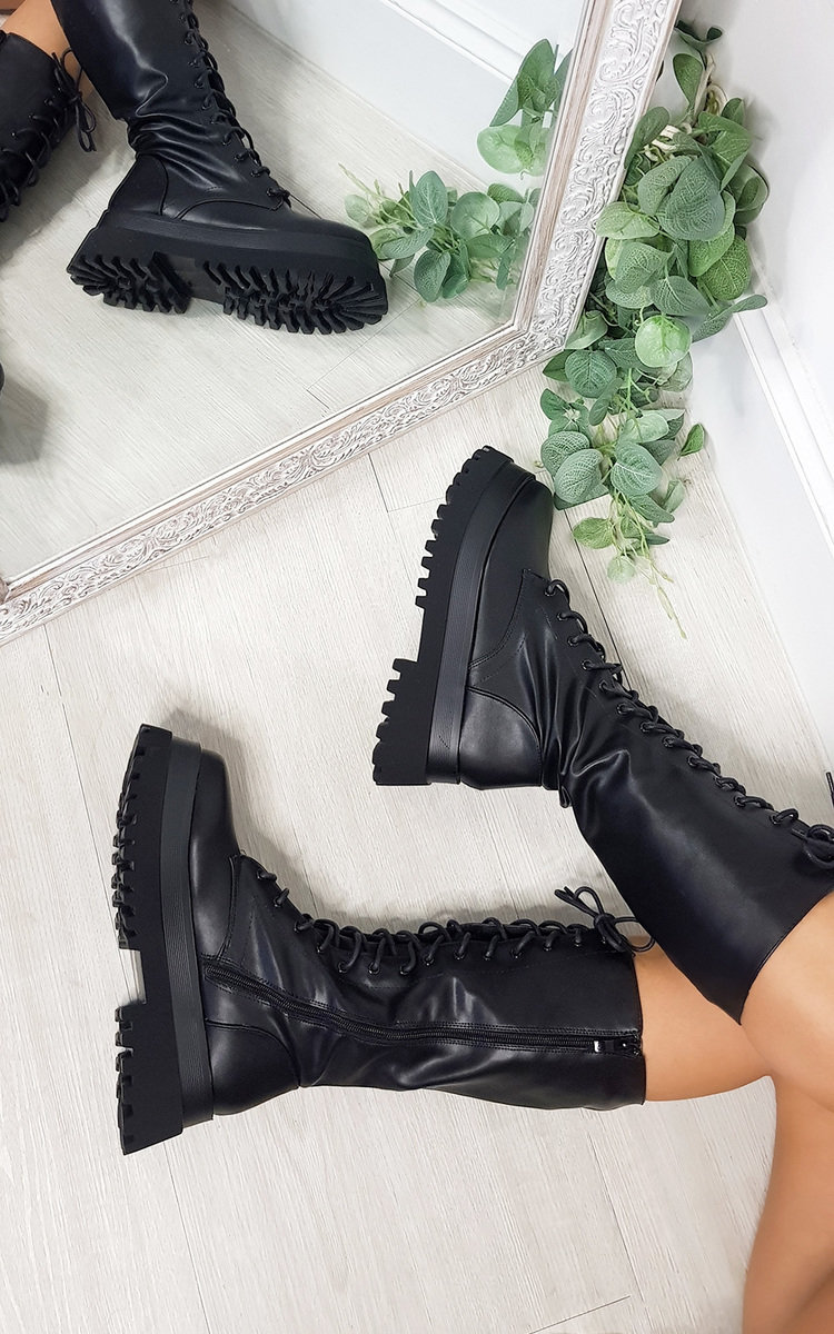 Jodie Faux Leather Lace Up Chunky Boots Thumbnail