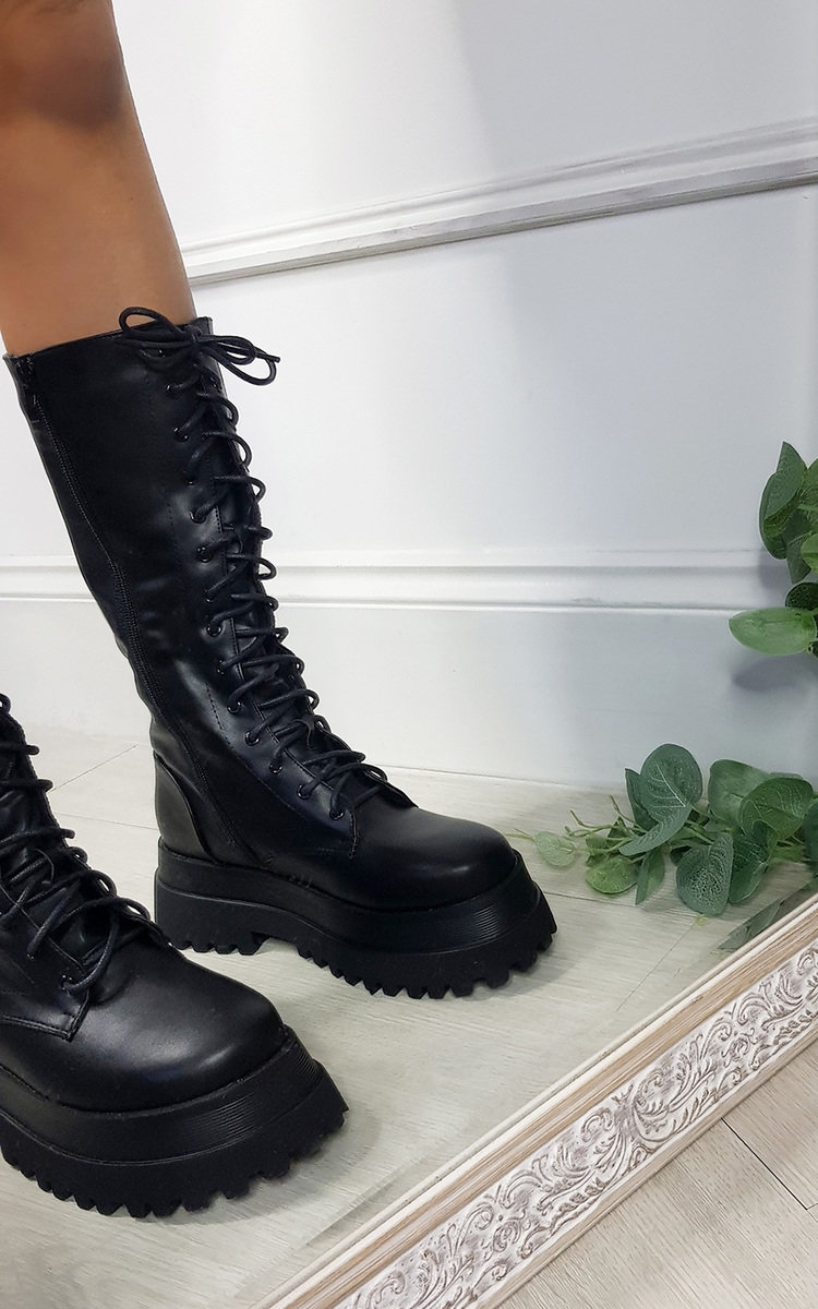 Jodie Faux Leather Lace Up Chunky Boots Thumbnail