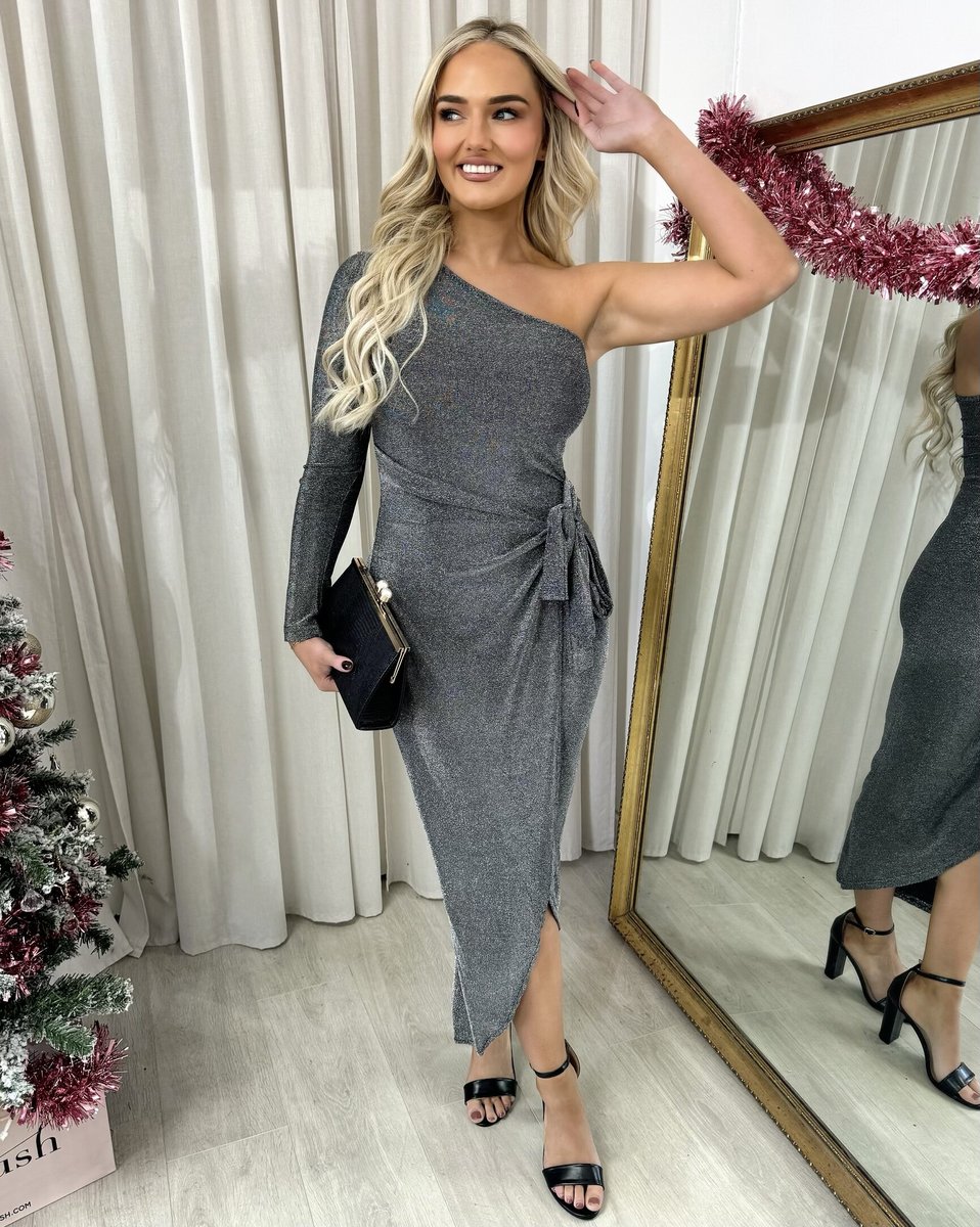 Silver Jodie One Shoulder Wrap Front Glitter Midi Dress | ikrush