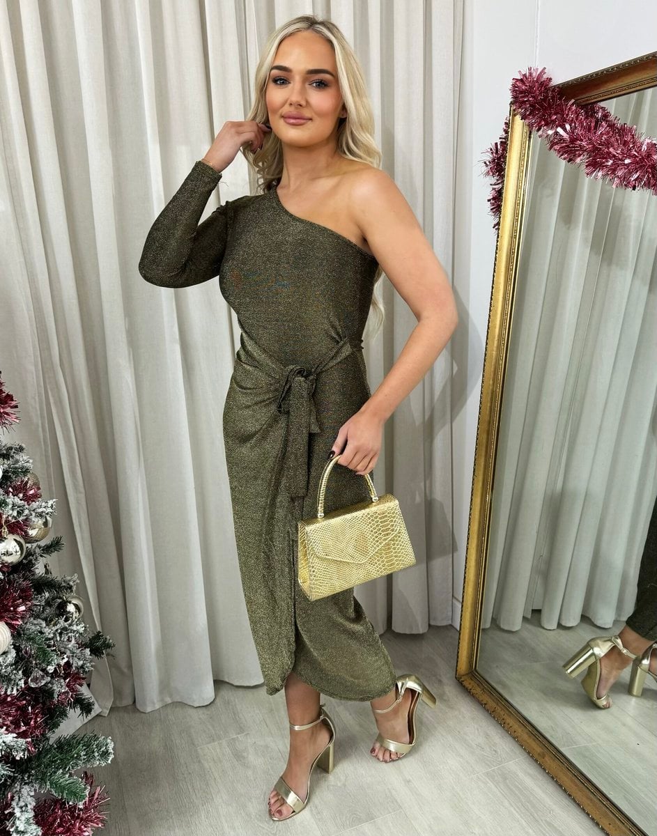 Gold Jodie One Shoulder Wrap Front Glitter Midi Dress ikrush
