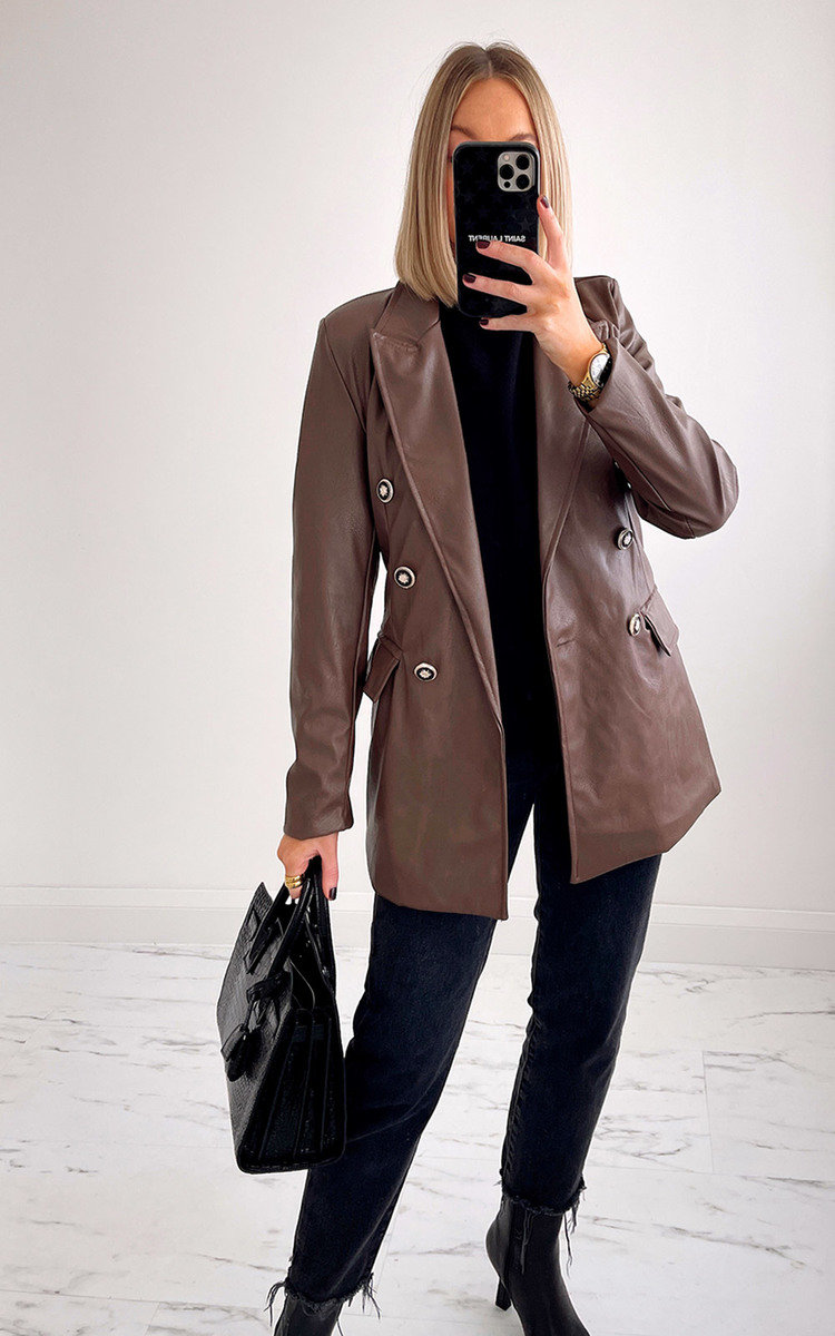 Joelle Faux Leather Blazer with Button Detail Thumbnail Joelle Faux Leather Blazer with Button Detail Thumbnail