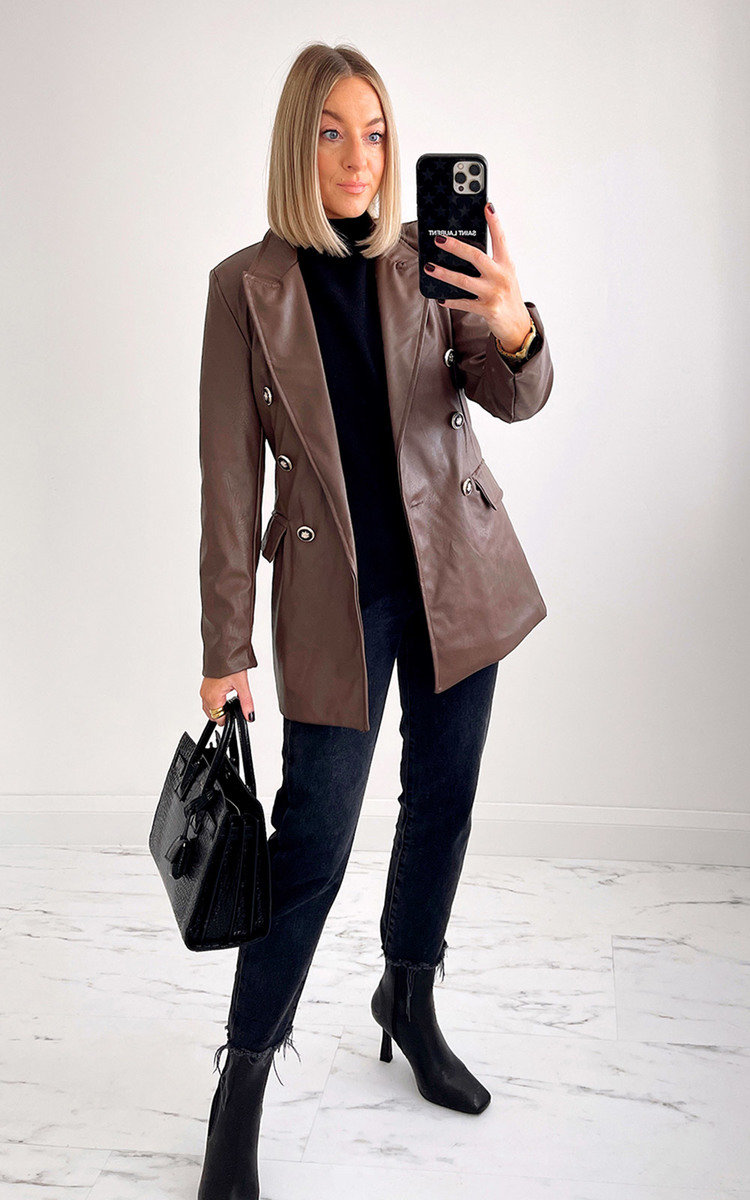 Joelle Faux Leather Blazer with Button Detail Thumbnail