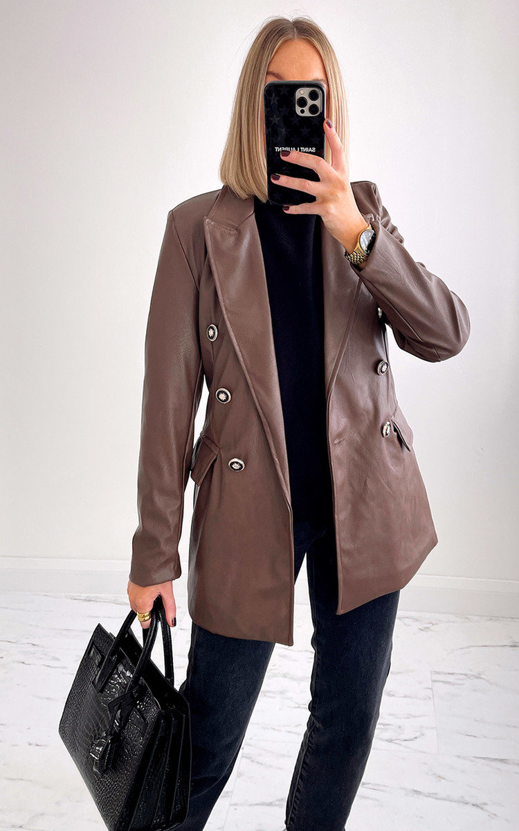 Joelle Faux Leather Blazer with Button Detail