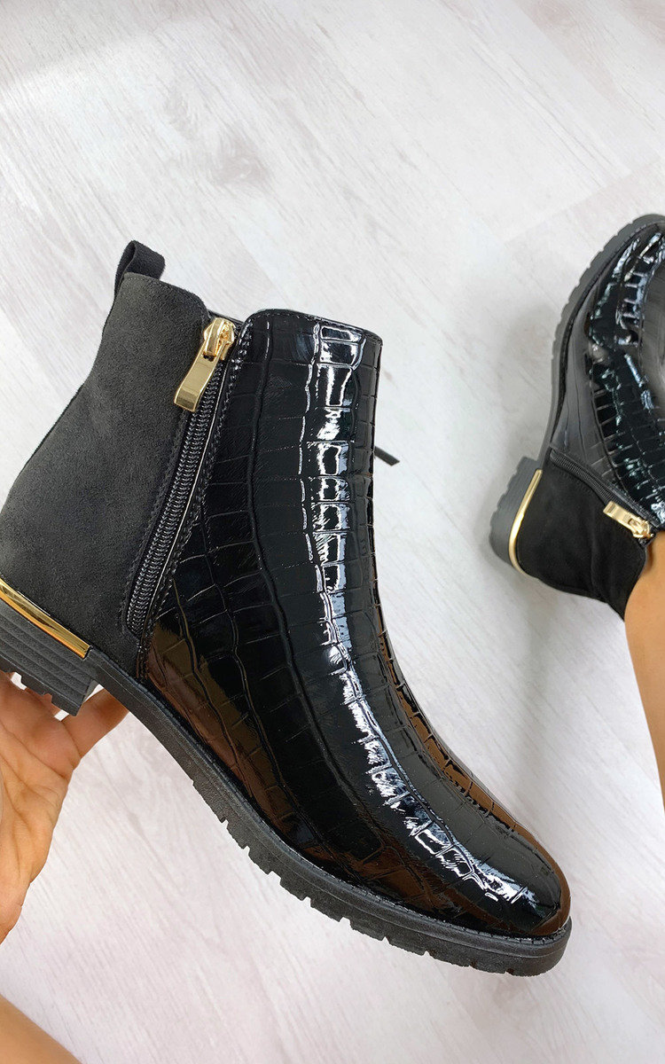 black patent crocodile ankle boots