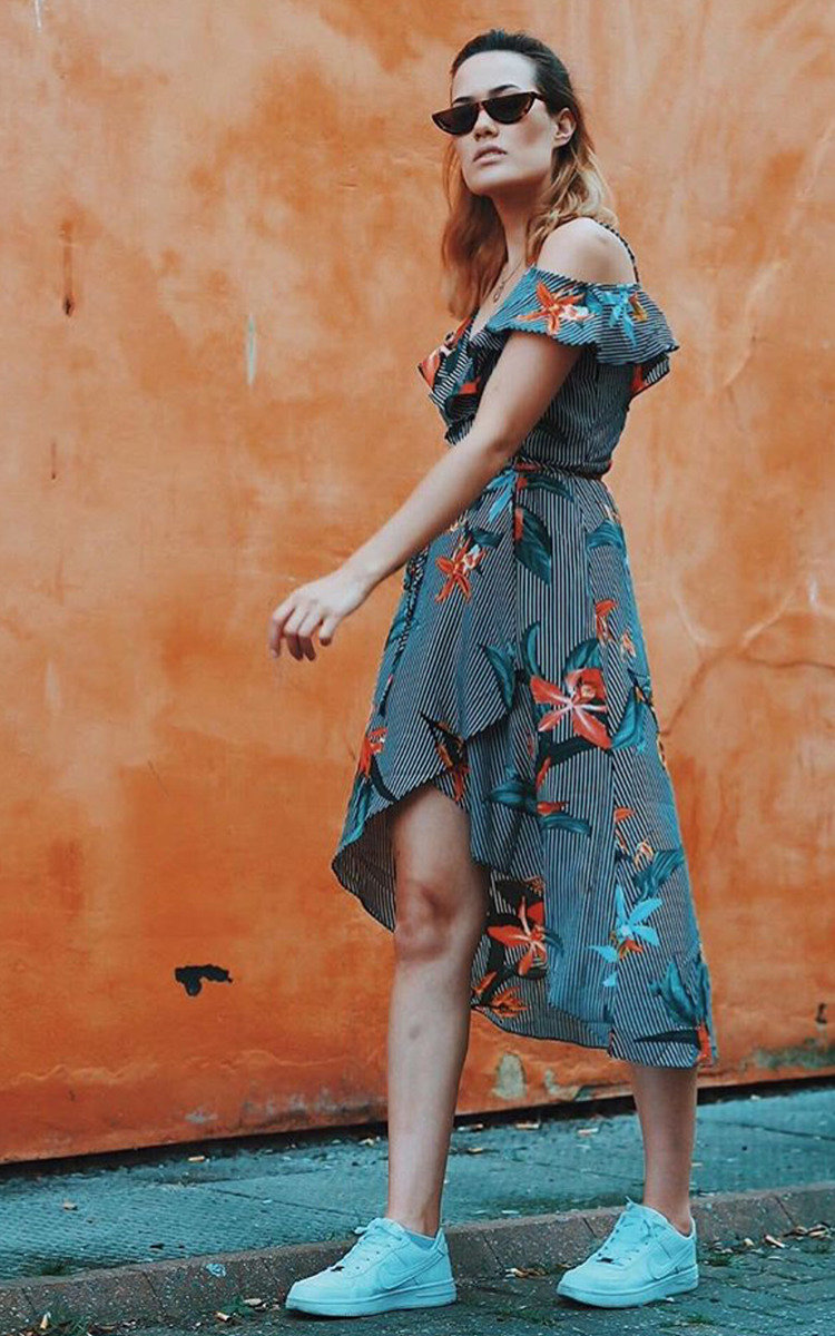 Julia Floral Frill Sleeve Wrap Front Midi Dress Julia Floral Frill Sleeve Wrap Front Midi Dress