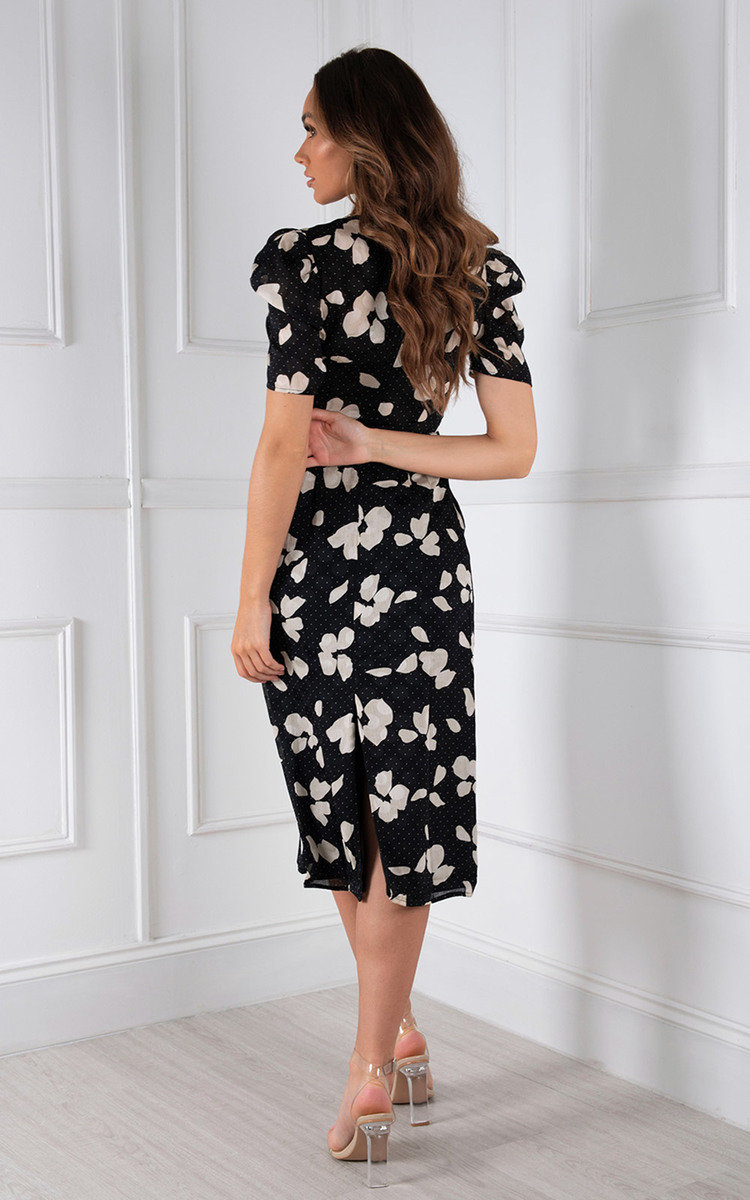 Justine Floral Puff Sleeve Midi Bodycon Dress Thumbnail