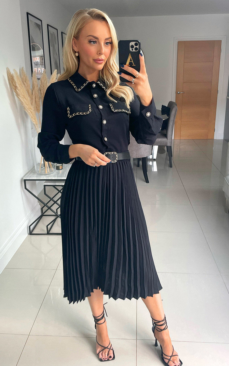 Kady Pleated Midi Dress with Chain and Button Detail Thumbnail Kady Pleated Midi Dress with Chain and Button Detail Thumbnail