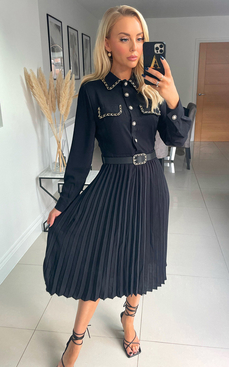 Kady Pleated Midi Dress with Chain and Button Detail Kady Pleated Midi Dress with Chain and Button Detail
