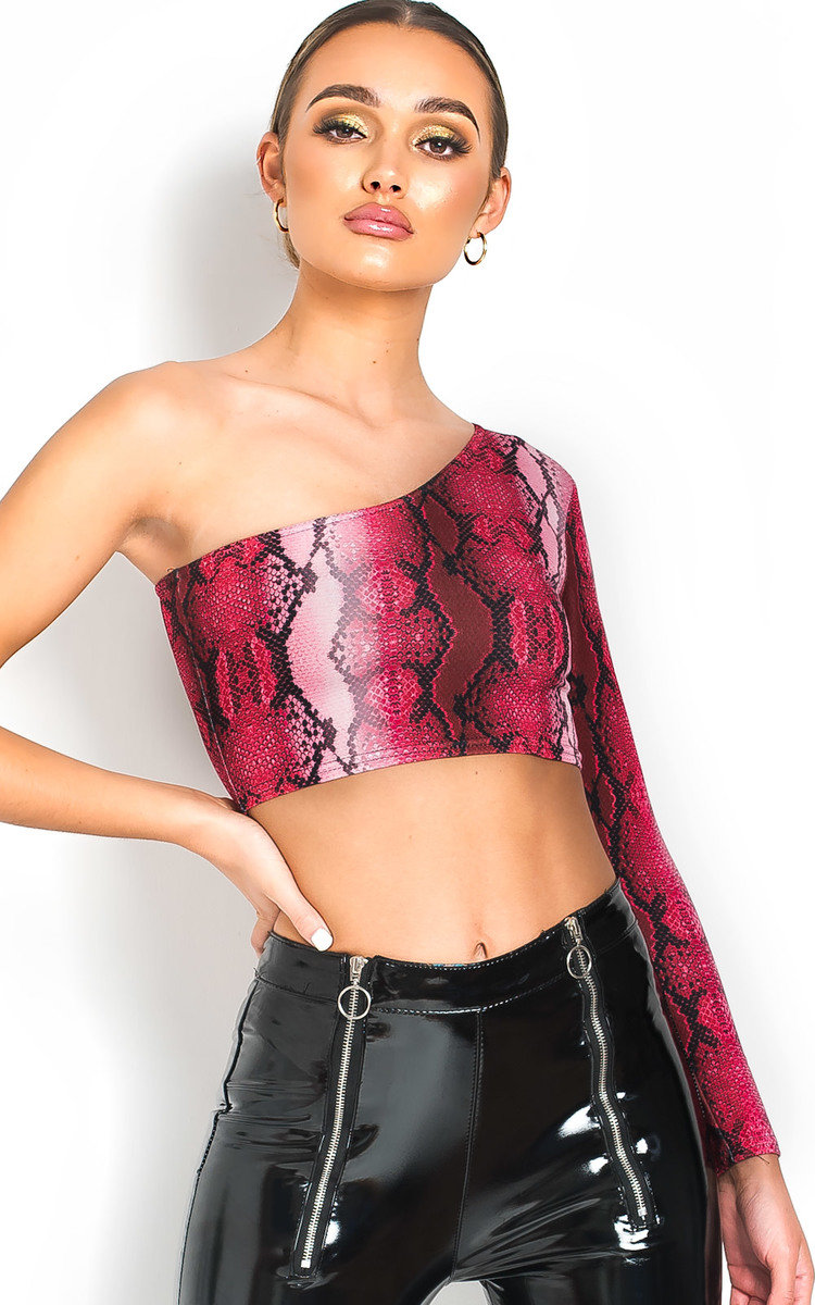 Kat One Shoulder Snake Crop Top Thumbnail