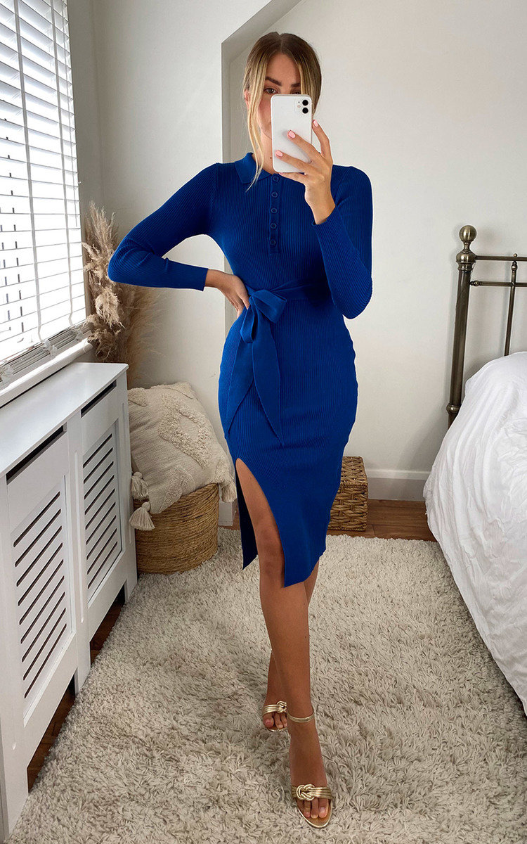 Blue Katerina Tie Waist V Neck Long Sleeve Midi Dress ikrush
