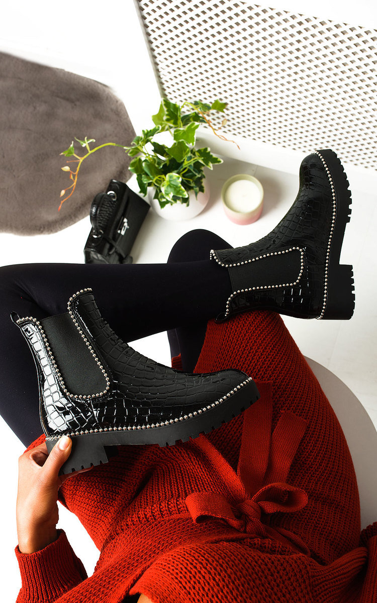 Kirstee Croc Print Patent Ankle Boots