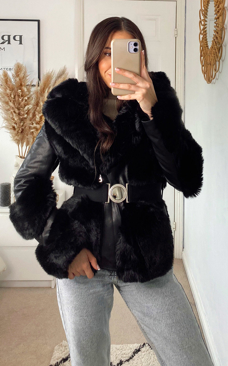 Kirstie Faux Fur Belted Jacket With Leather Detail Kirstie Faux Fur Belted Jacket With Leather Detail