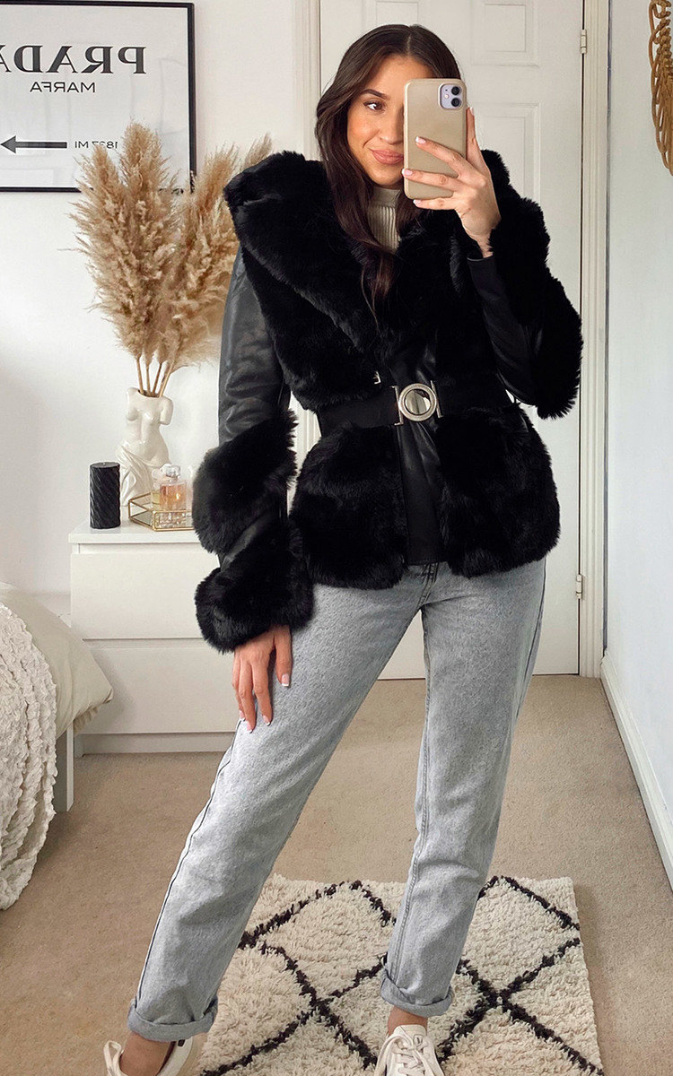 Kirstie Faux Fur Belted Jacket With Leather Detail Thumbnail Kirstie Faux Fur Belted Jacket With Leather Detail Thumbnail