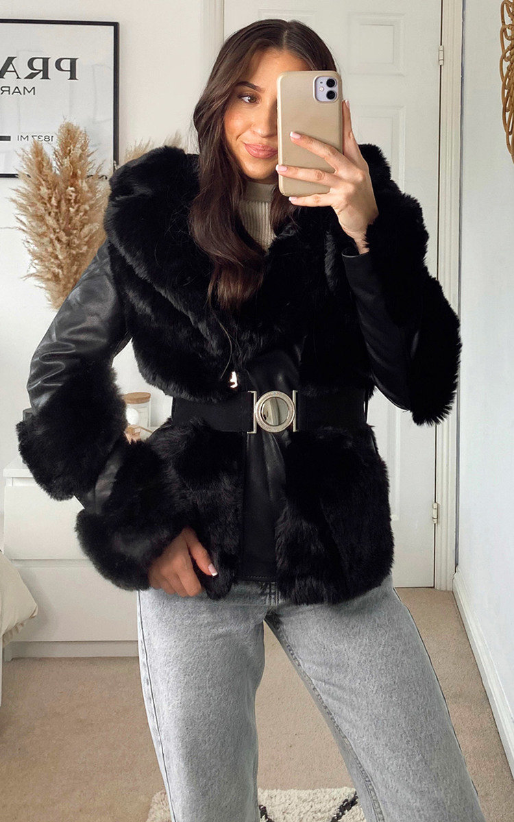 Kirstie Faux Fur Belted Jacket With Leather Detail Thumbnail Kirstie Faux Fur Belted Jacket With Leather Detail Thumbnail
