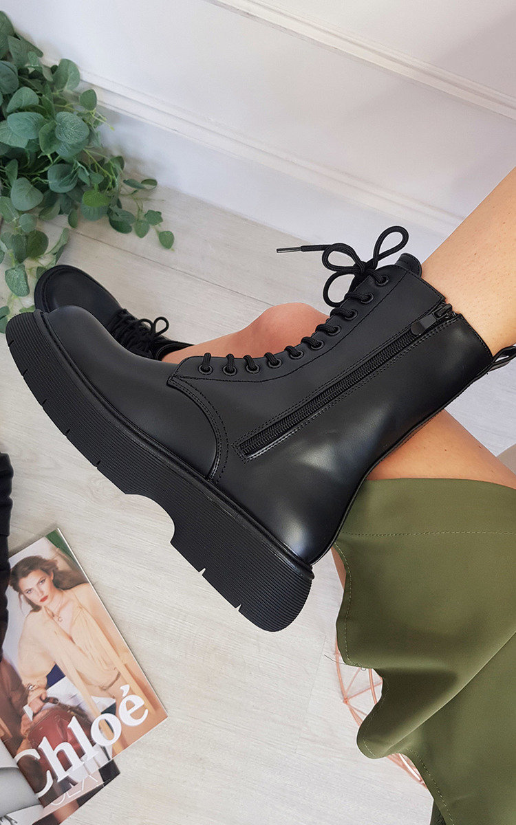 Koko Lace Up Zipped Chunky Mid Calf Boots Thumbnail