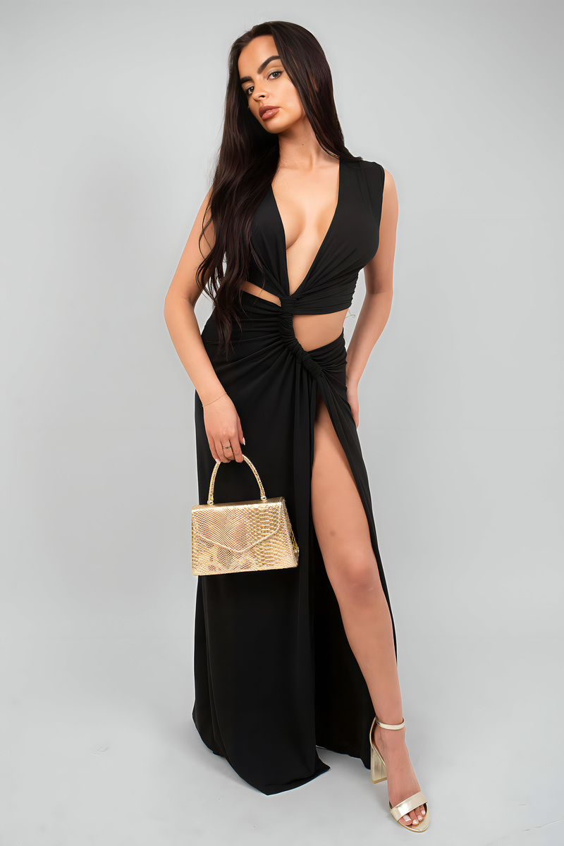Black Lea Twist Detail Plunge Split Leg Cut Out Maxi Dress ikrush