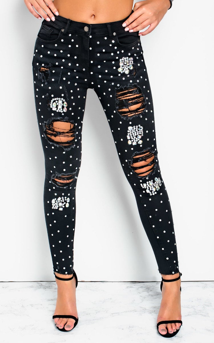 Leanne Distressed Crystal Embellished Jeans in Black ikrush